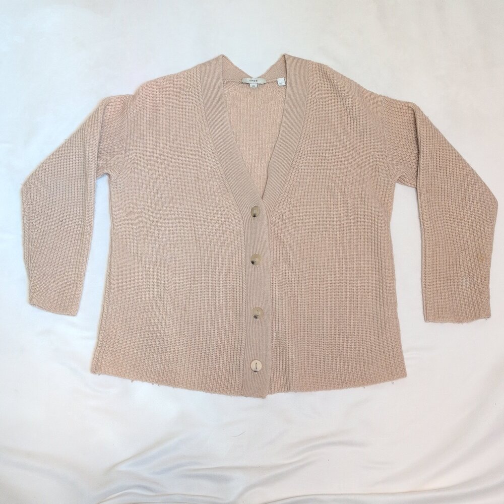 Vince Cashmere Blend Tan Ribbed Button Cardigan M - Picture 2 of 10
